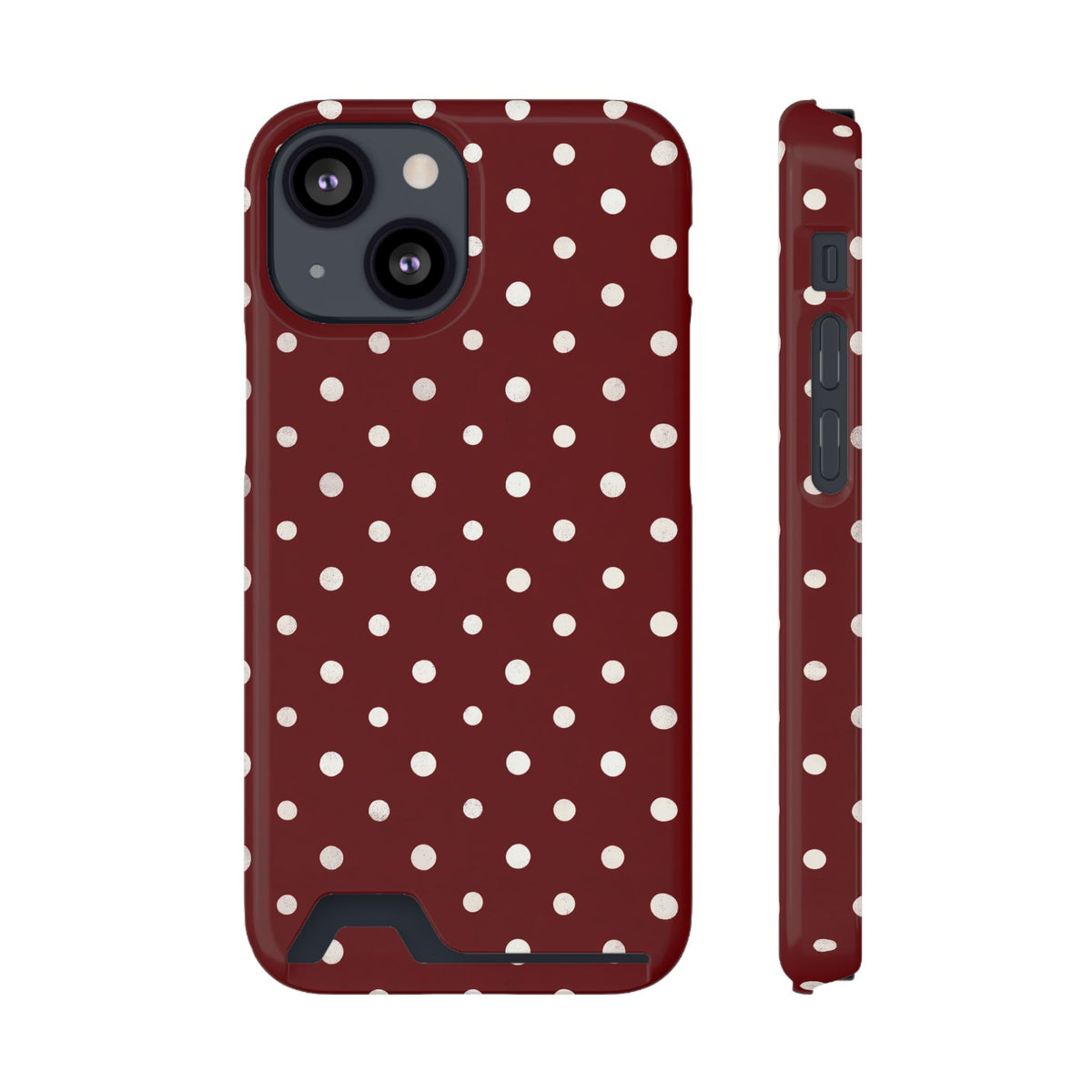 Burgundy Polka Dot phone case with card holder for iPhone 13 Mini, glossy finish