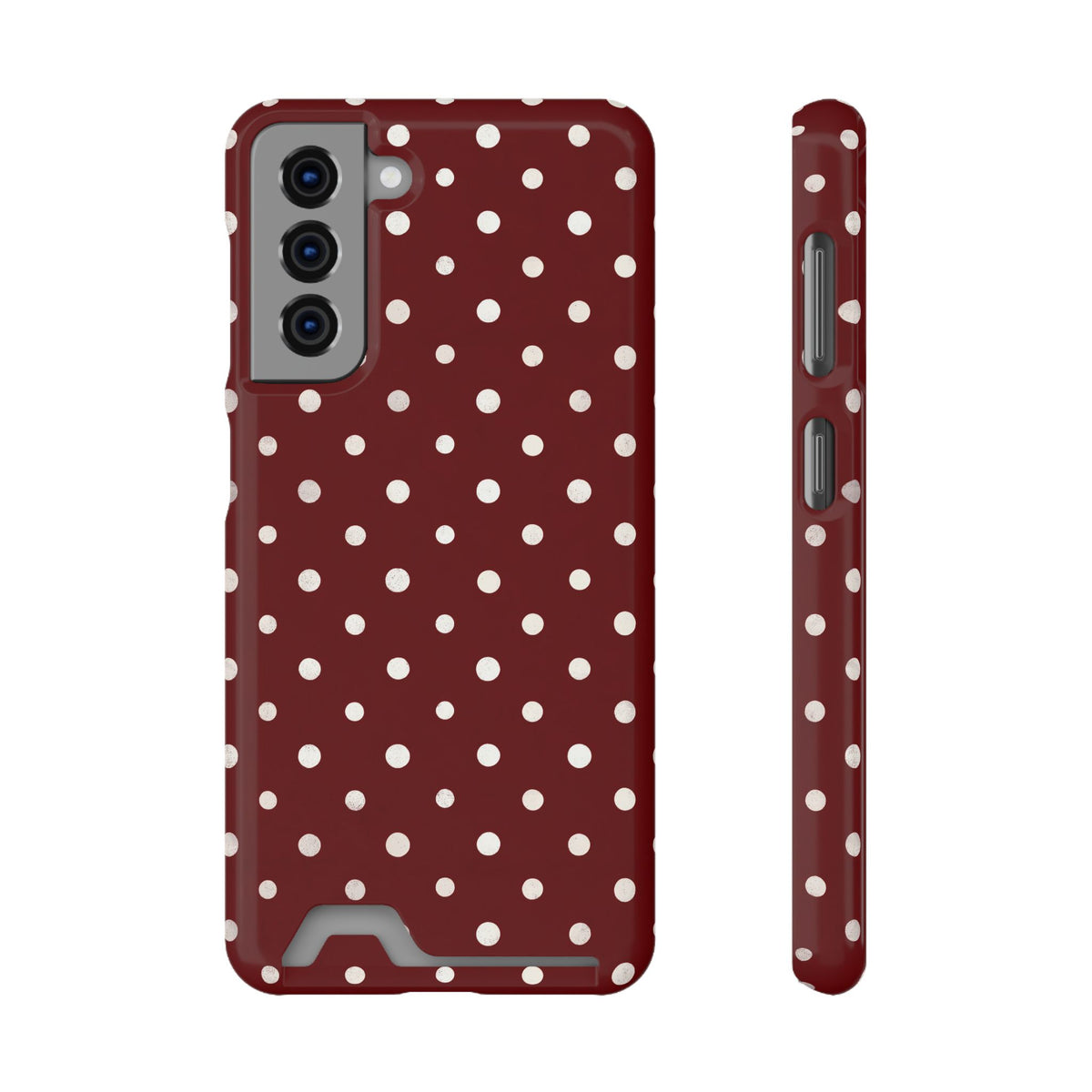 Burgundy Polka Dot phone case with card holder for Samsung Galaxy S21, glossy finish