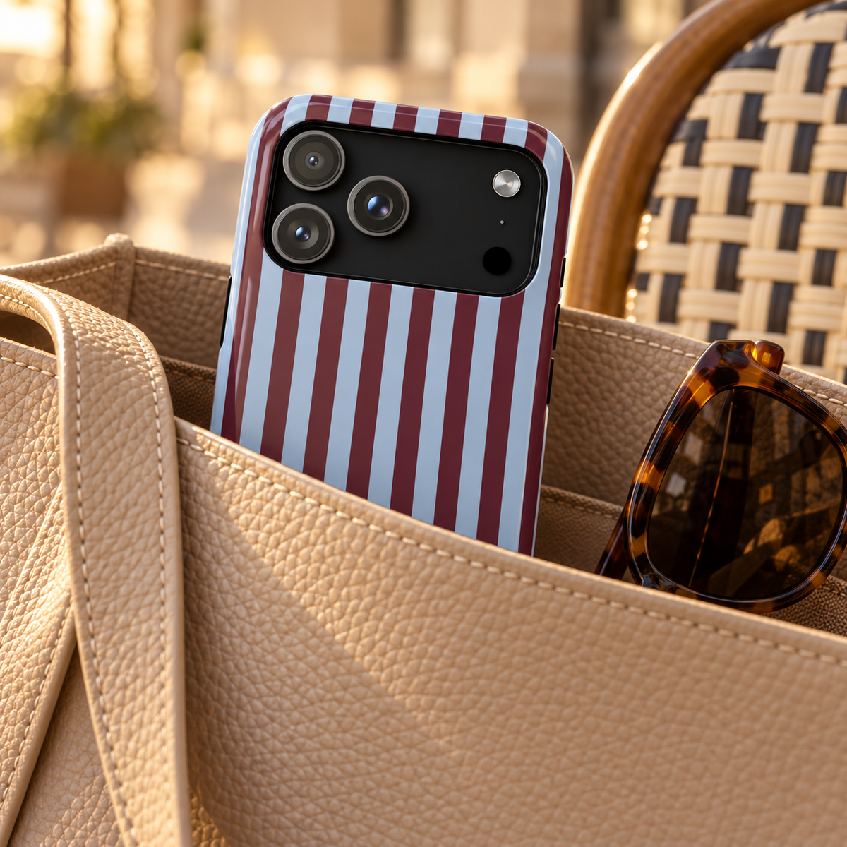 Burgundy Stripe protective phone case, burgundy and lilac vertical stripes, lifestyle photo in a handbag