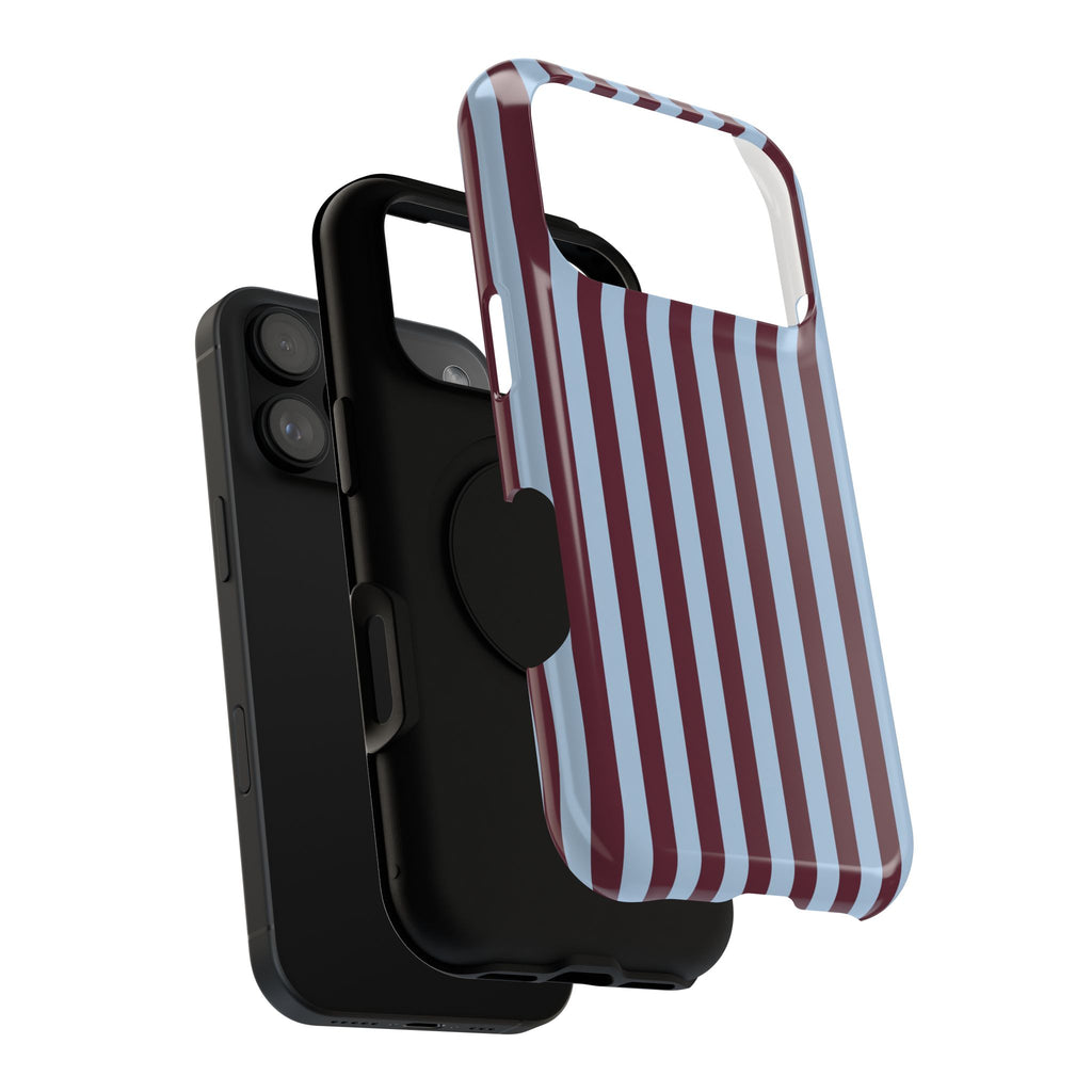 Burgundy Stripe protective phone case, close-up of the dual-layer construction