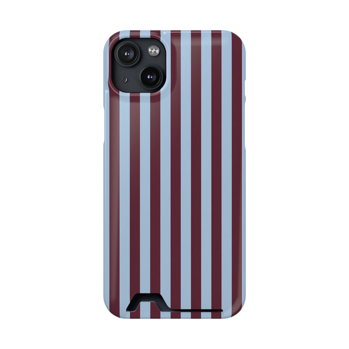 Burgundy Stripe phone case with card holder for iPhone 14 Plus, glossy finish