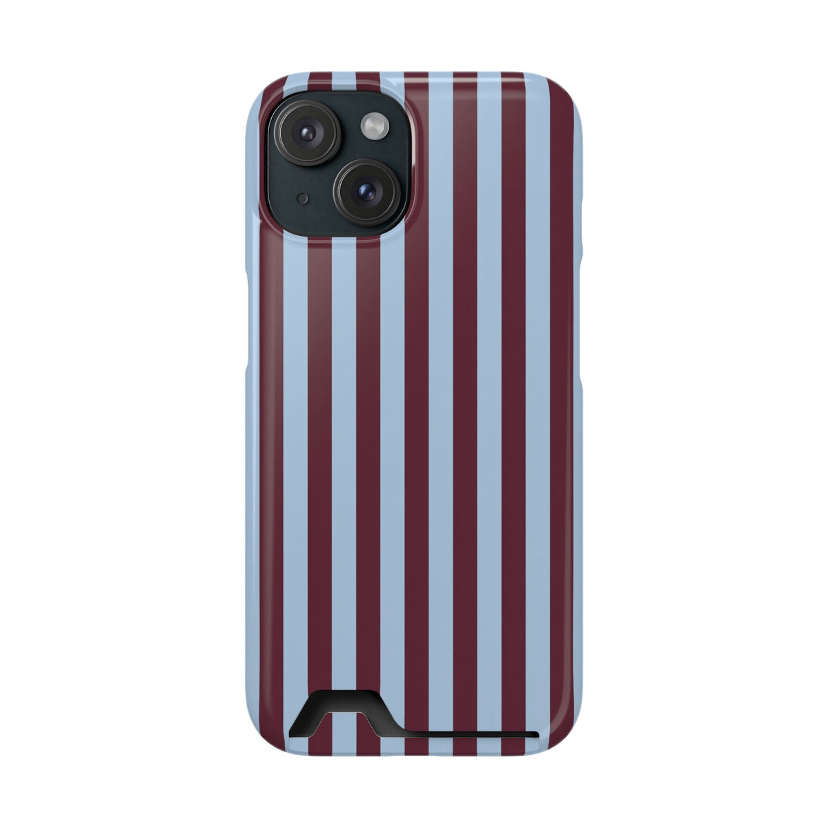 Burgundy Stripe phone case with card holder for iPhone 15, glossy finish