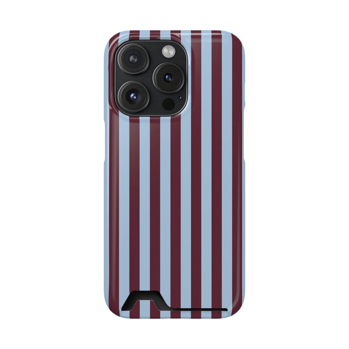 Burgundy Stripe phone case with card holder for iPhone 15 Pro, glossy finish