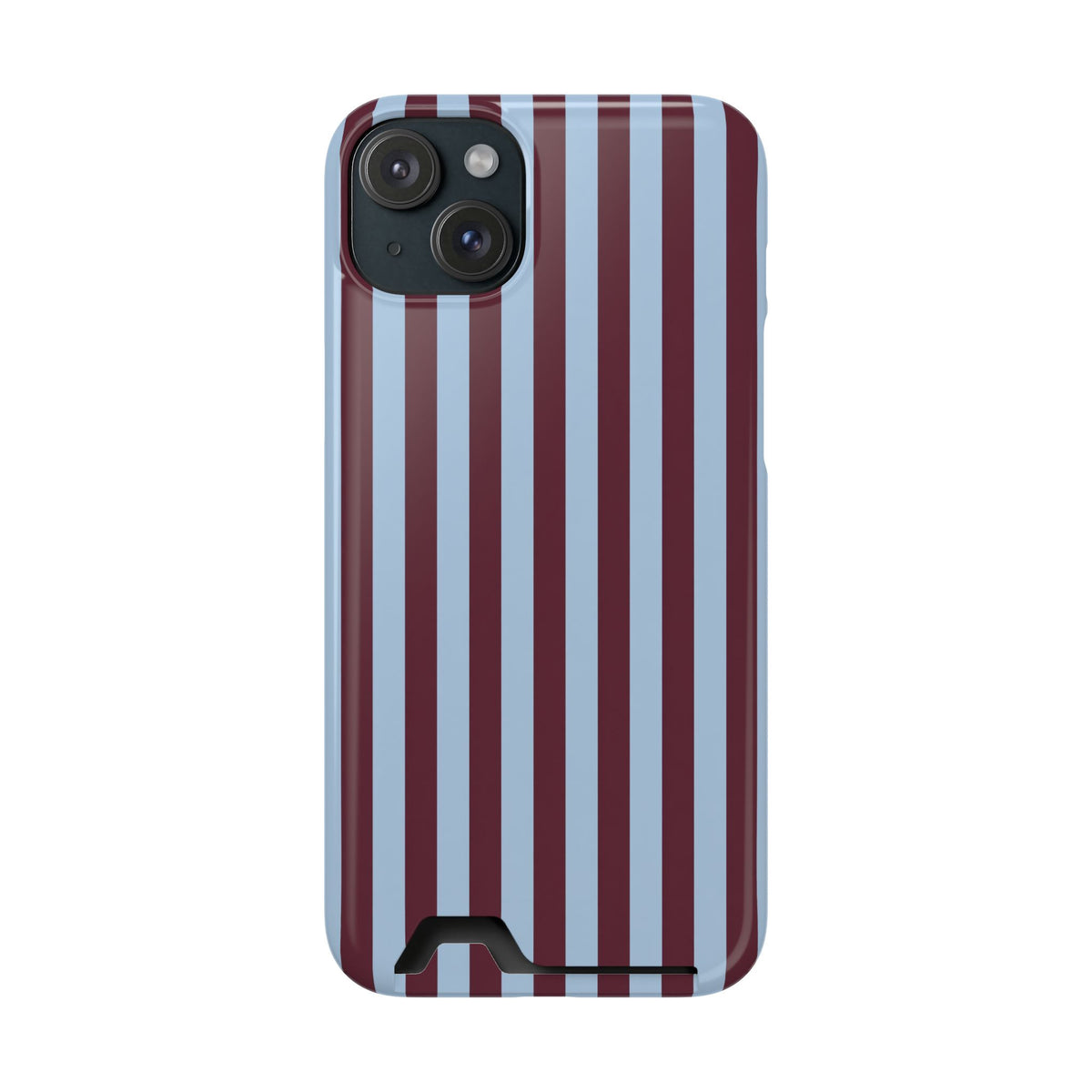 Burgundy Stripe phone case with card holder for iPhone 15 Plus, glossy finish