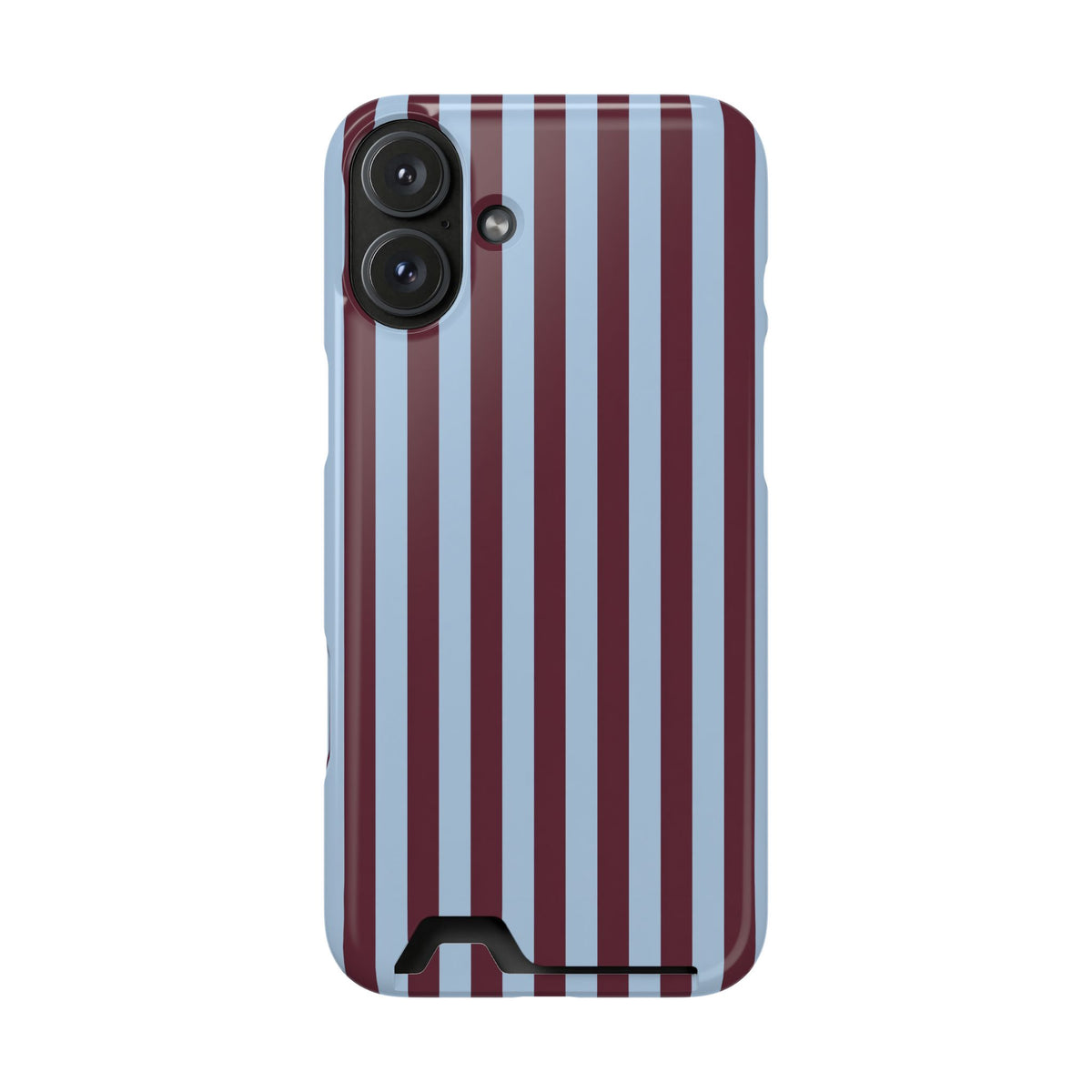 Burgundy Stripe phone case with card holder for iPhone 16 Plus, glossy finish