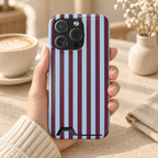 Burgundy Stripe phone case with card holder, burgundy and lilac vertical stripes, lifestyle photo in hand with coffee