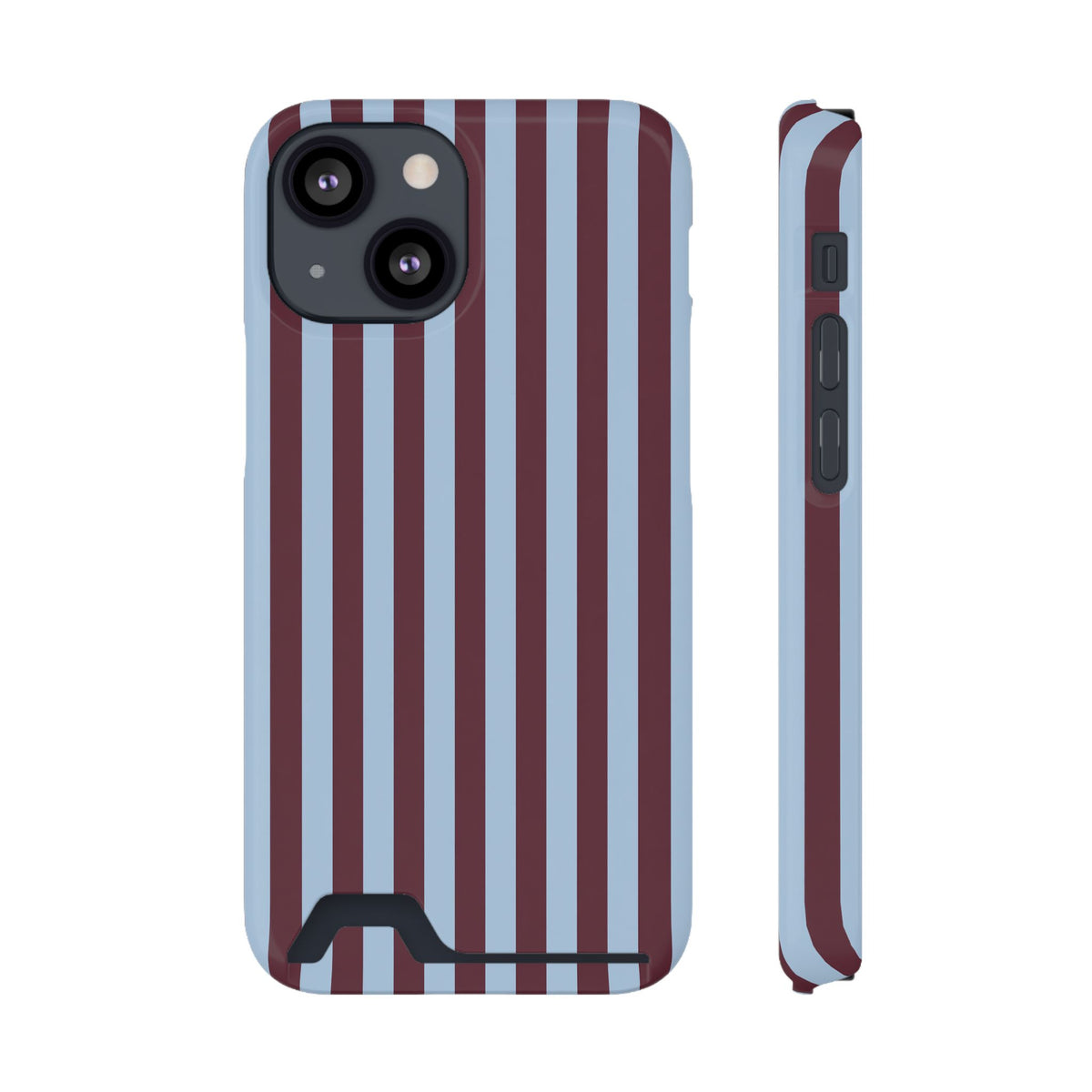 Burgundy Stripe phone case with card holder for iPhone 13 Mini, glossy finish