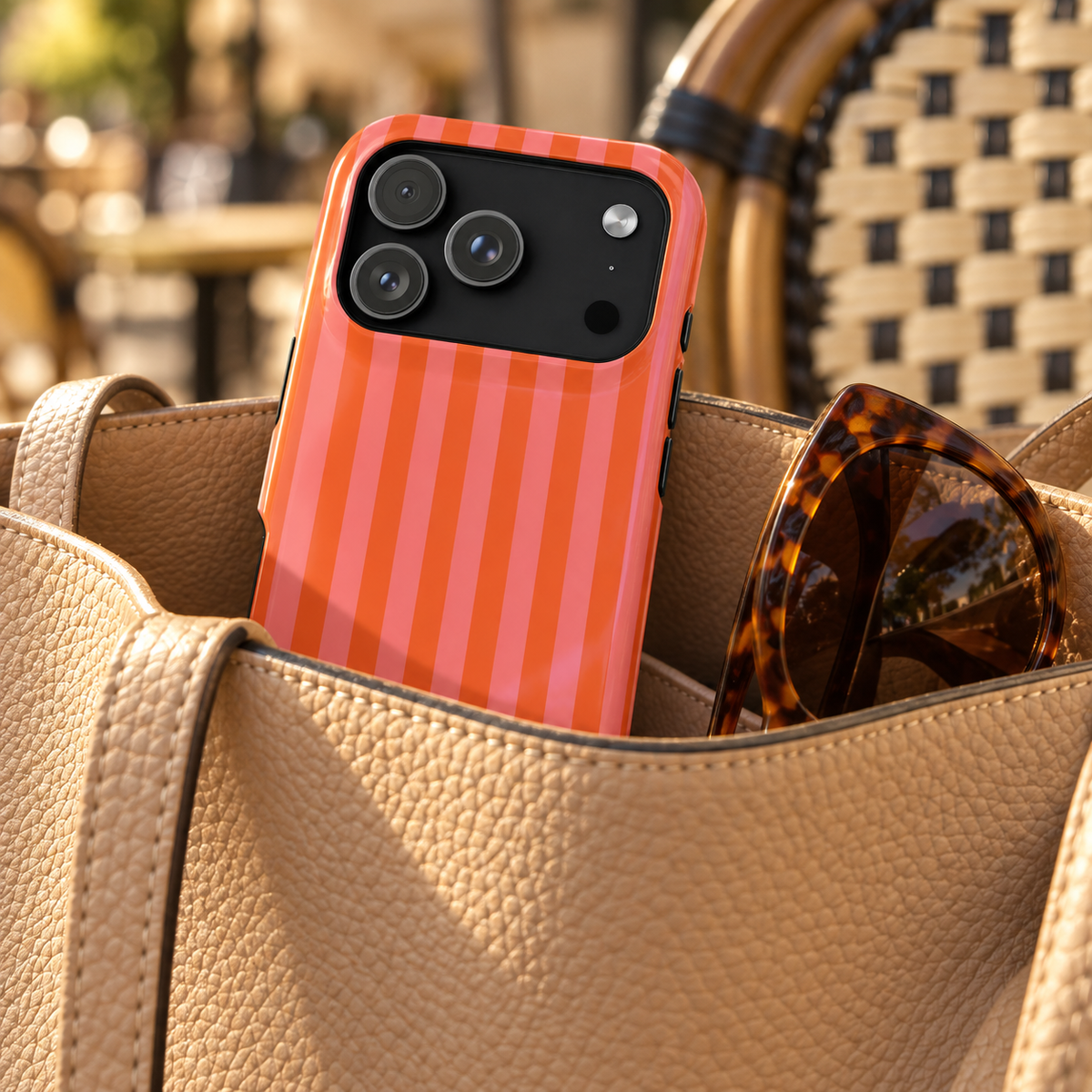 Cabana Stripe MagSafe case, pink and orange stripes, lifestyle photo in a handbag