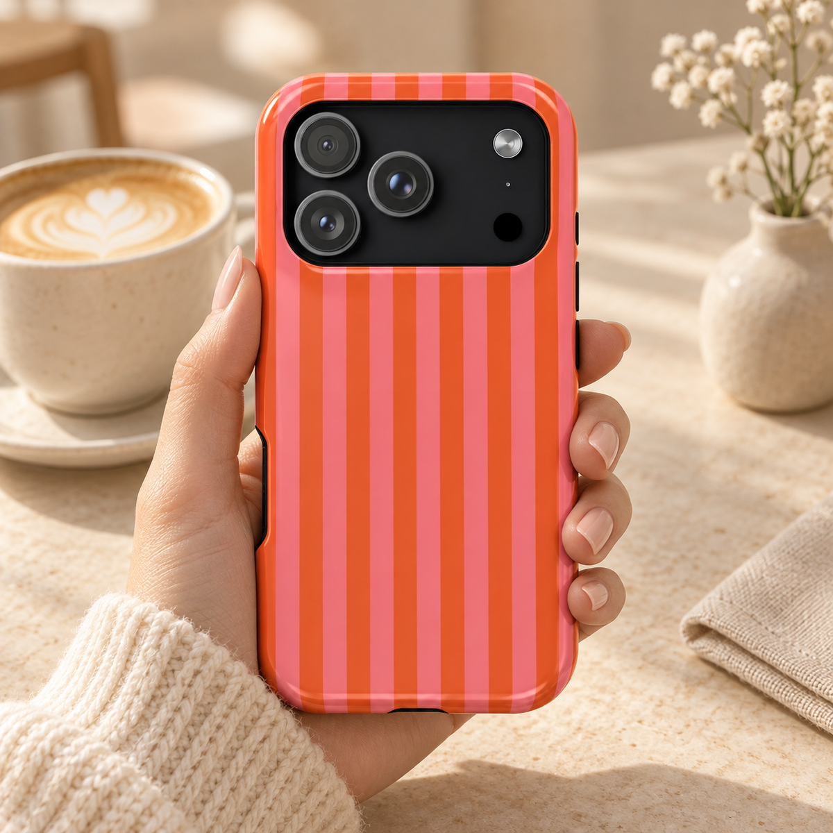 Cabana Stripe MagSafe case, pink and orange stripes, lifestyle photo in hand with coffee