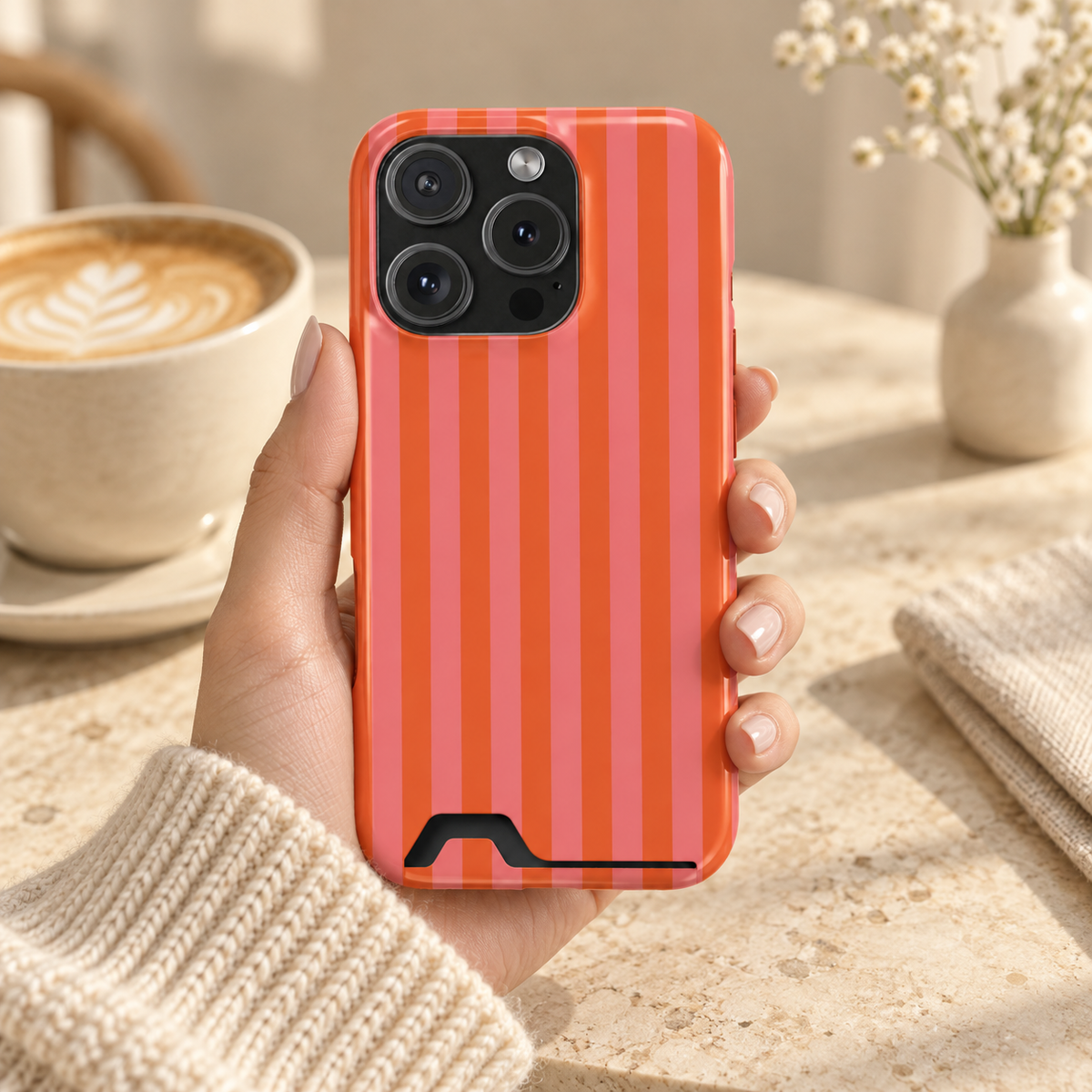 Cabana Stripe phone case with card holder, pink and orange stripes, lifestyle photo in hand with coffee