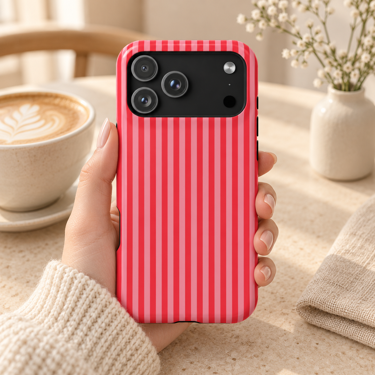 Candy Red Stripe protective phone case, candy red and pink stripes, lifestyle photo in hand with coffee