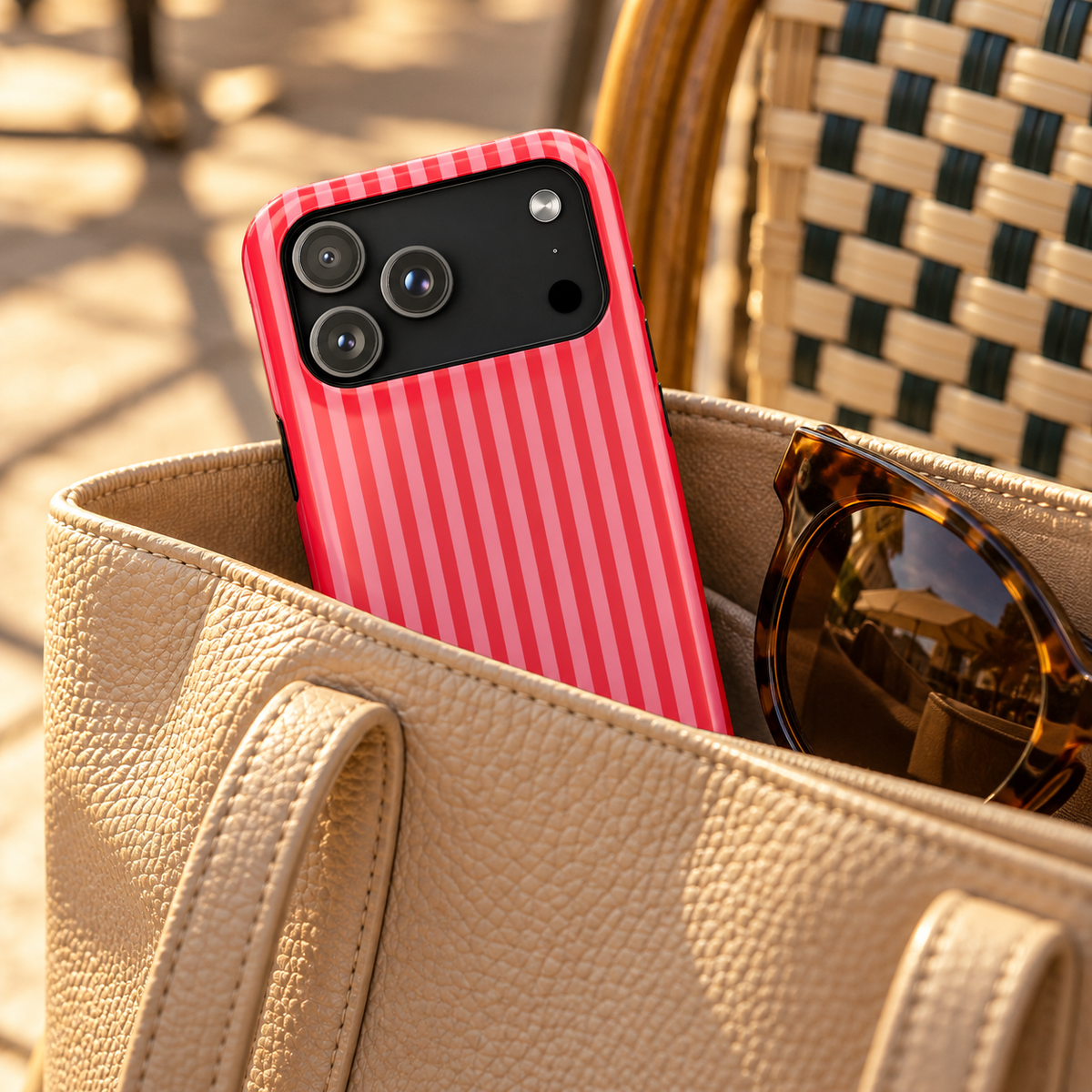Candy Red Stripe MagSafe case, candy red and pink stripes, lifestyle photo in a handbag
