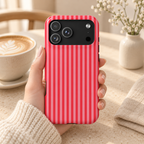 Candy Red Stripe MagSafe case, candy red and pink stripes, lifestyle photo in hand with coffee