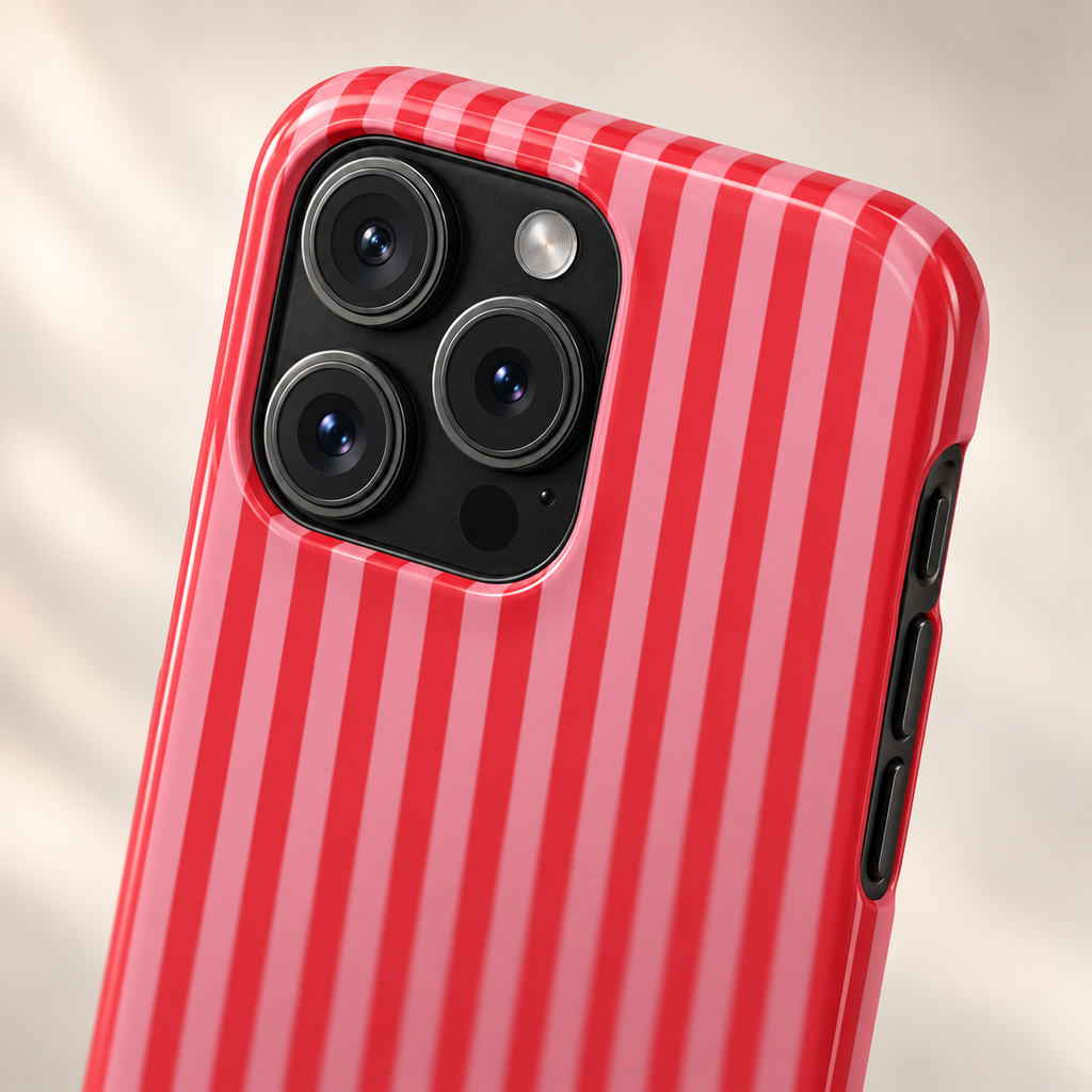 Candy Red Stripe MagSafe case, candy red and pink stripes, lifestyle close-up of the camera