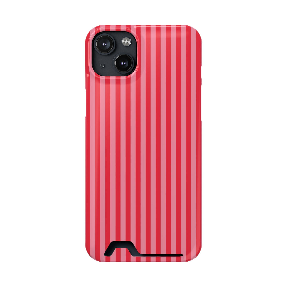 Candy Red Stripe phone case with card holder for iPhone 14 Plus, glossy finish