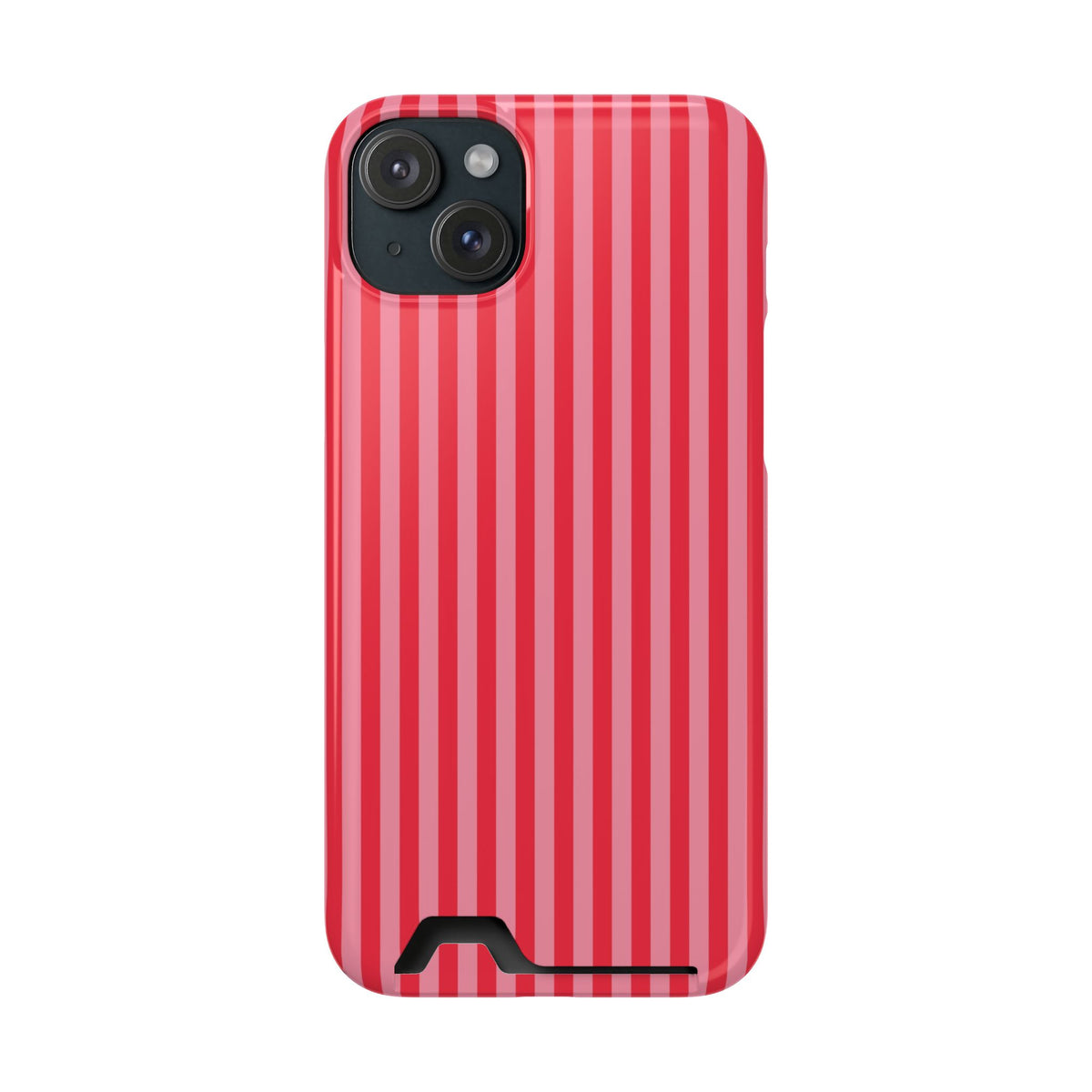 Candy Red Stripe phone case with card holder for iPhone 15 Plus, glossy finish