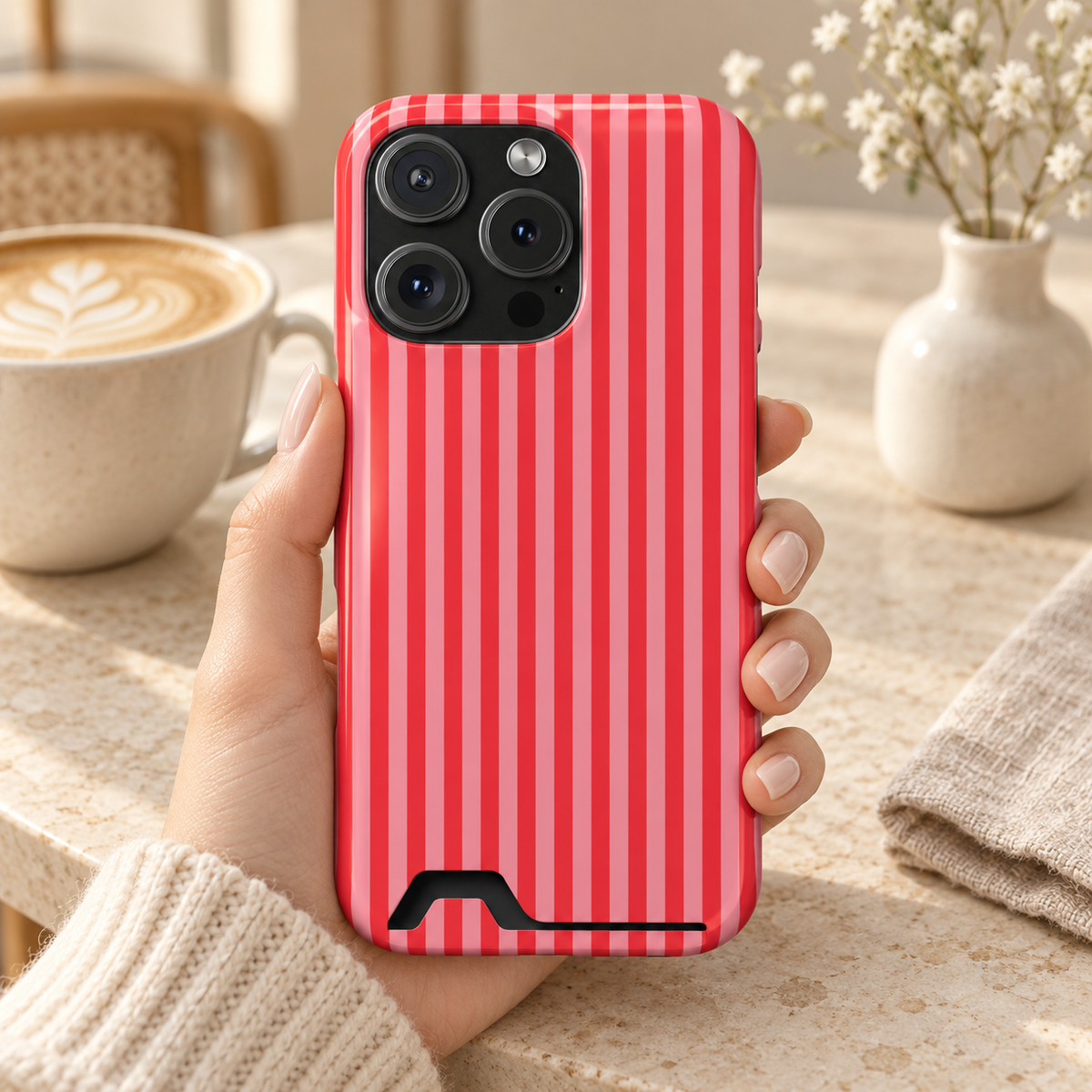 Candy Red Stripe phone case with card holder, candy red and pink stripes, lifestyle photo in hand with coffee
