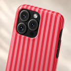 Candy Red Stripe phone case with card holder, candy red and pink stripes, lifestyle close-up of the camera