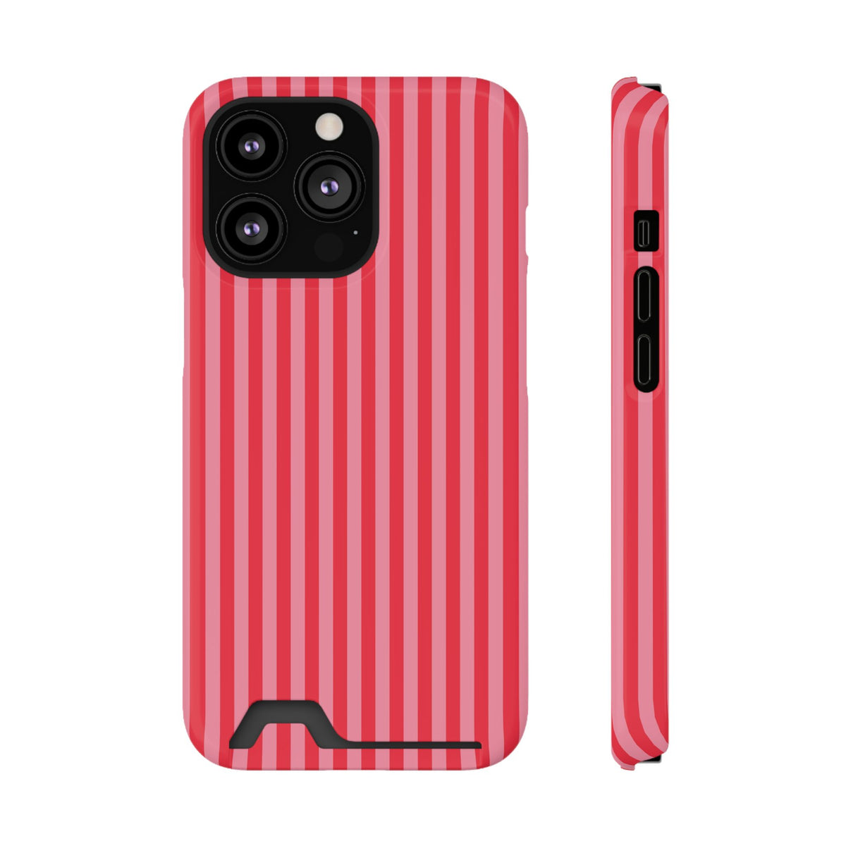 Candy Red Stripe phone case with card holder for iPhone 13 Pro, glossy finish