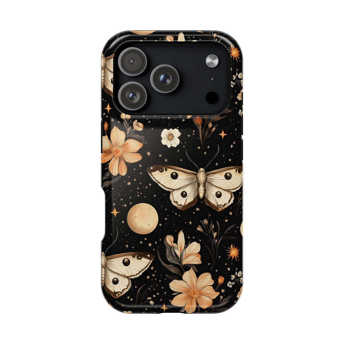 Celestial Moth protective phone case for iPhone 18 Pro, glossy finish