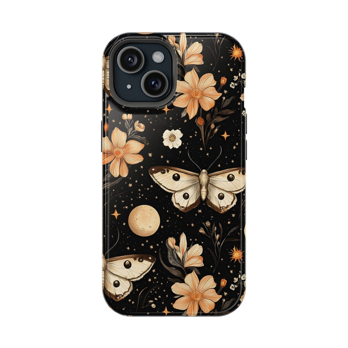 Celestial Moth protective phone case for iPhone 15, glossy finish