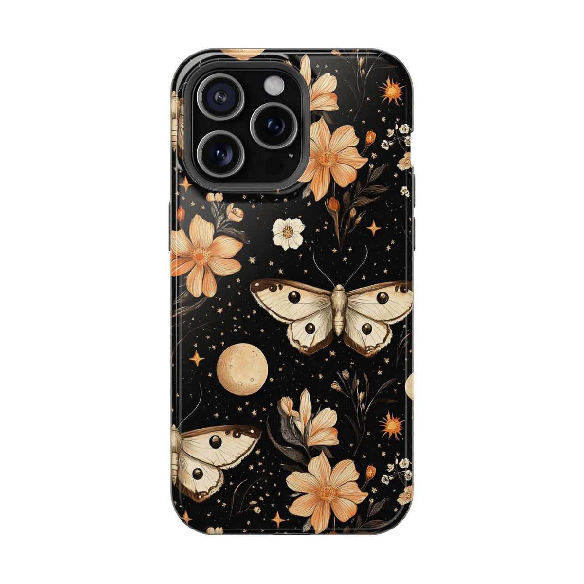Celestial Moth protective phone case for iPhone 15 Pro Max, glossy finish