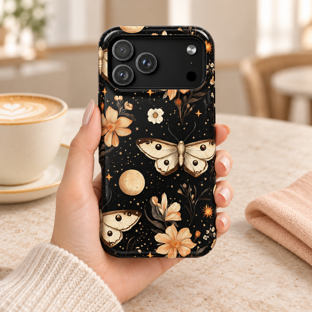 Celestial Moth protective phone case, moths, moons and peach flowers on black, lifestyle photo in hand with coffee