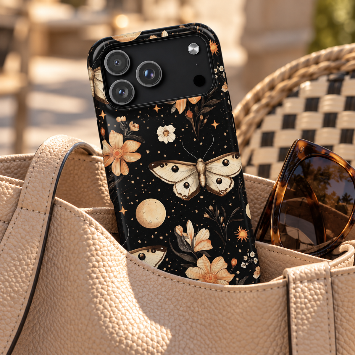 Celestial Moth MagSafe case, moths, moons and peach flowers on black, lifestyle photo in a handbag