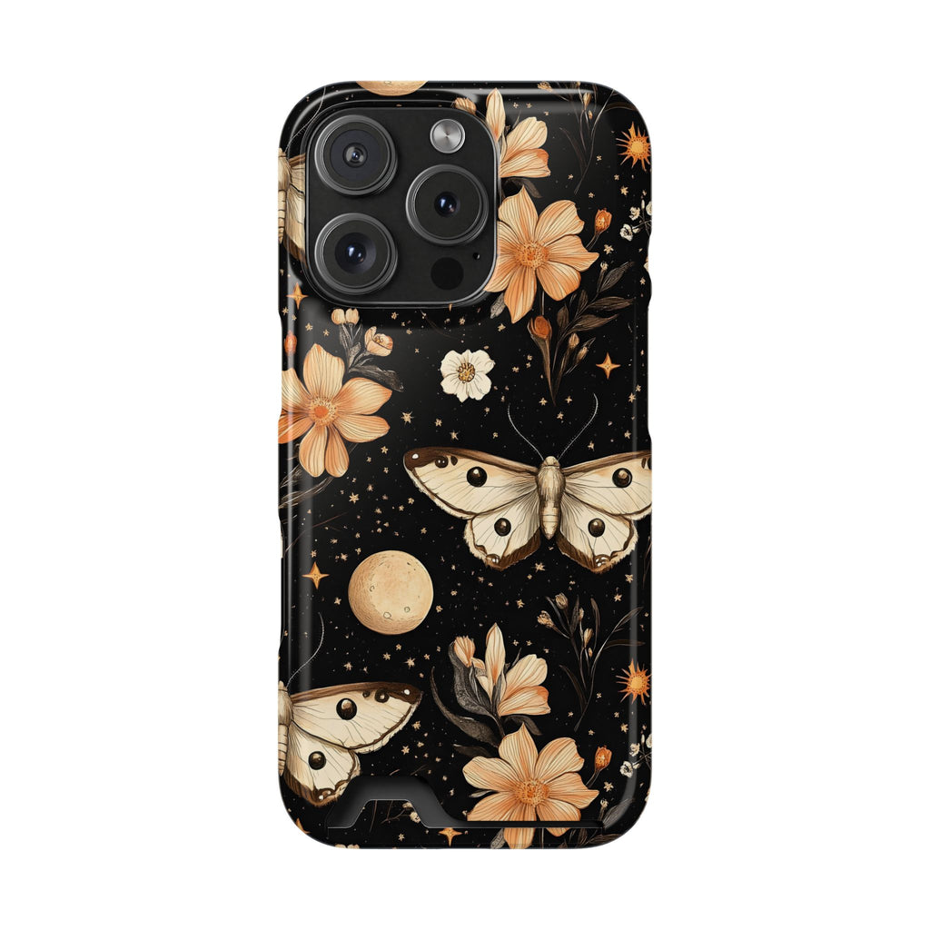 Celestial Moth phone case with card holder for iPhone 16 Pro, glossy finish