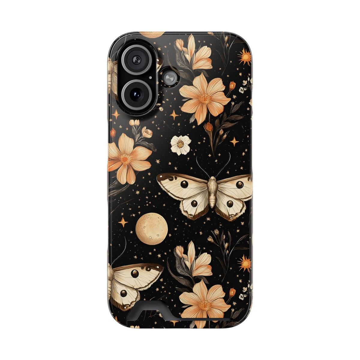 Celestial Moth phone case with card holder for iPhone 17, glossy finish