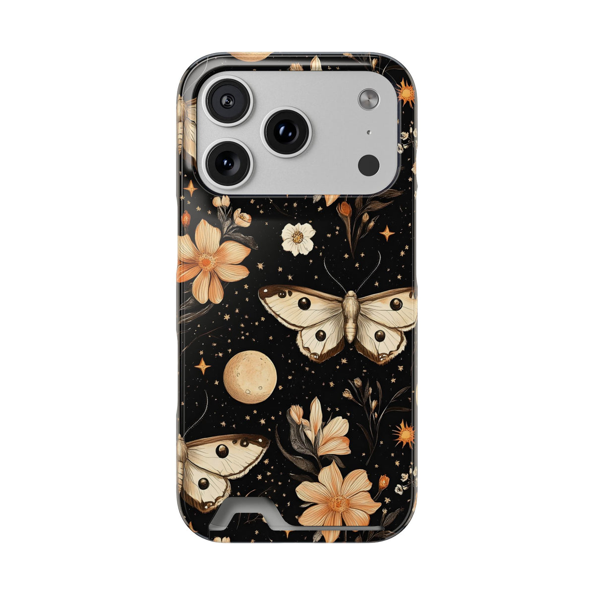 Celestial Moth phone case with card holder for iPhone 17 Pro, glossy finish
