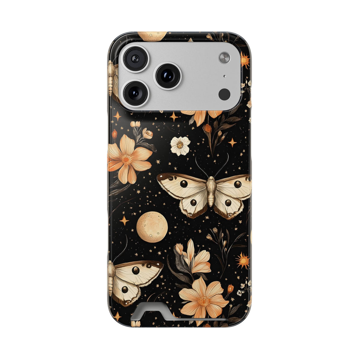 Celestial Moth phone case with card holder for iPhone 17 Pro Max, glossy finish