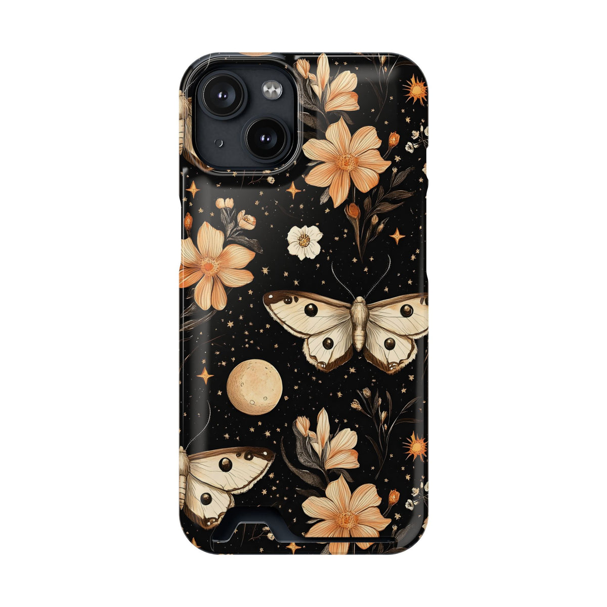 Celestial Moth phone case with card holder for iPhone 14, glossy finish