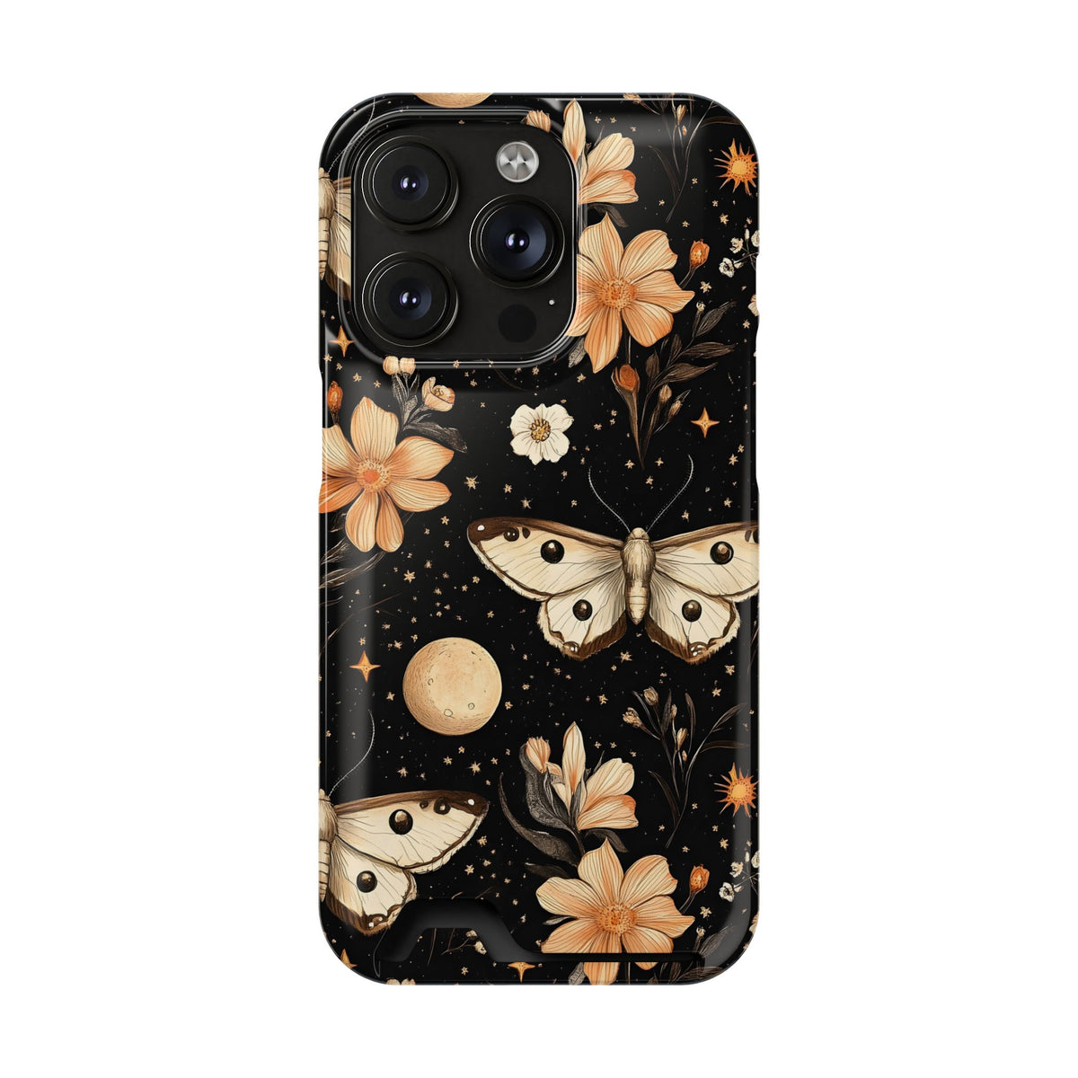 Celestial Moth phone case with card holder for iPhone 14 Pro, glossy finish