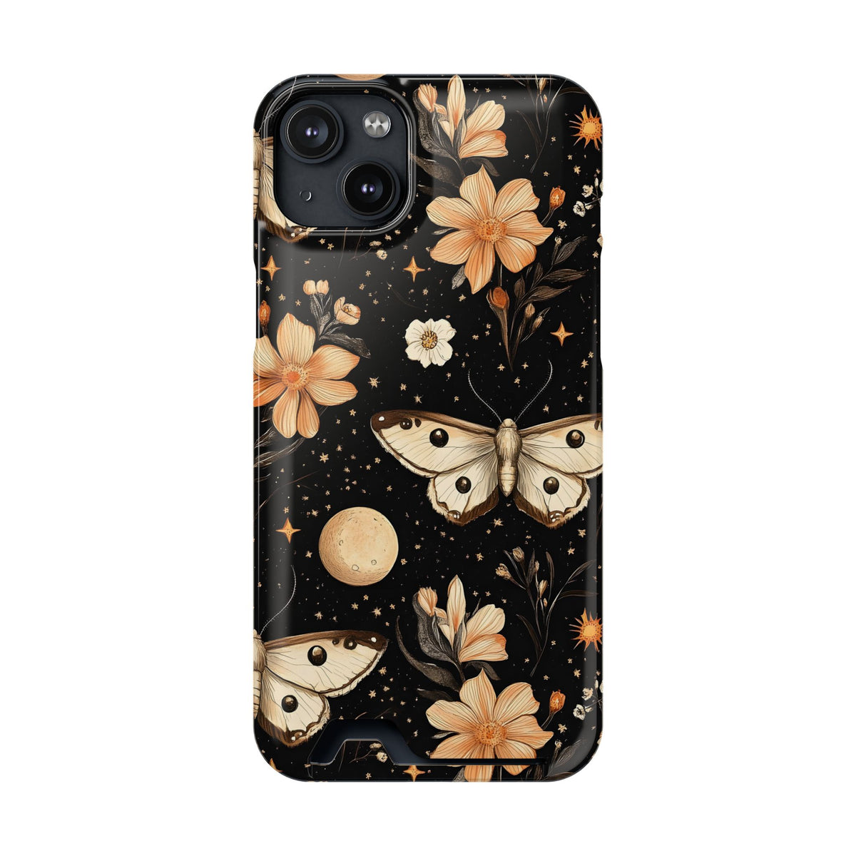 Celestial Moth phone case with card holder for iPhone 14 Plus, glossy finish