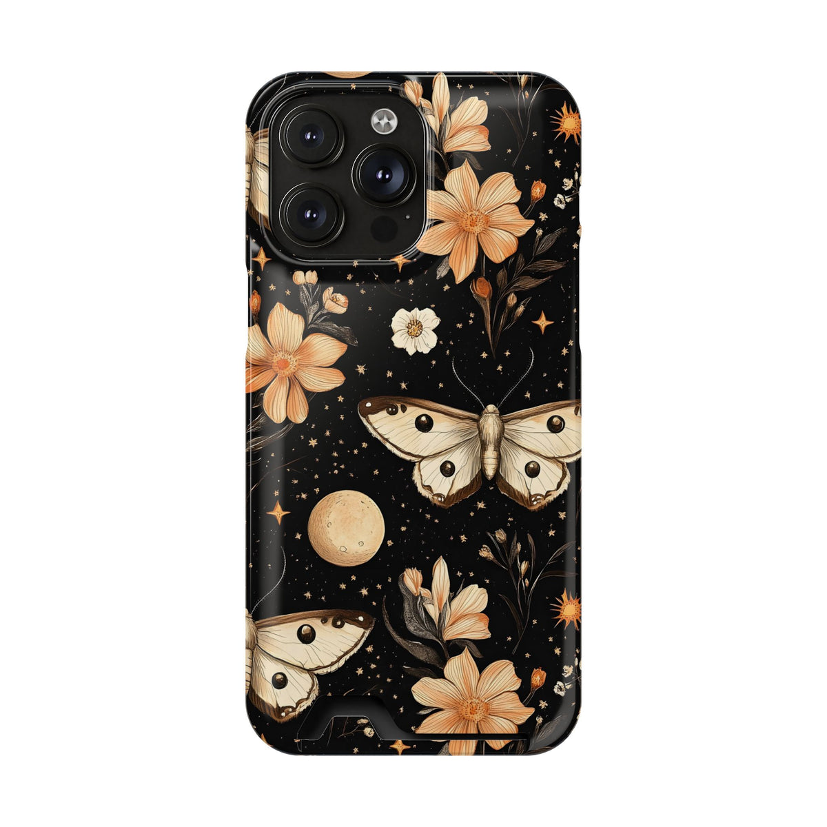 Celestial Moth phone case with card holder for iPhone 14 Pro Max, glossy finish