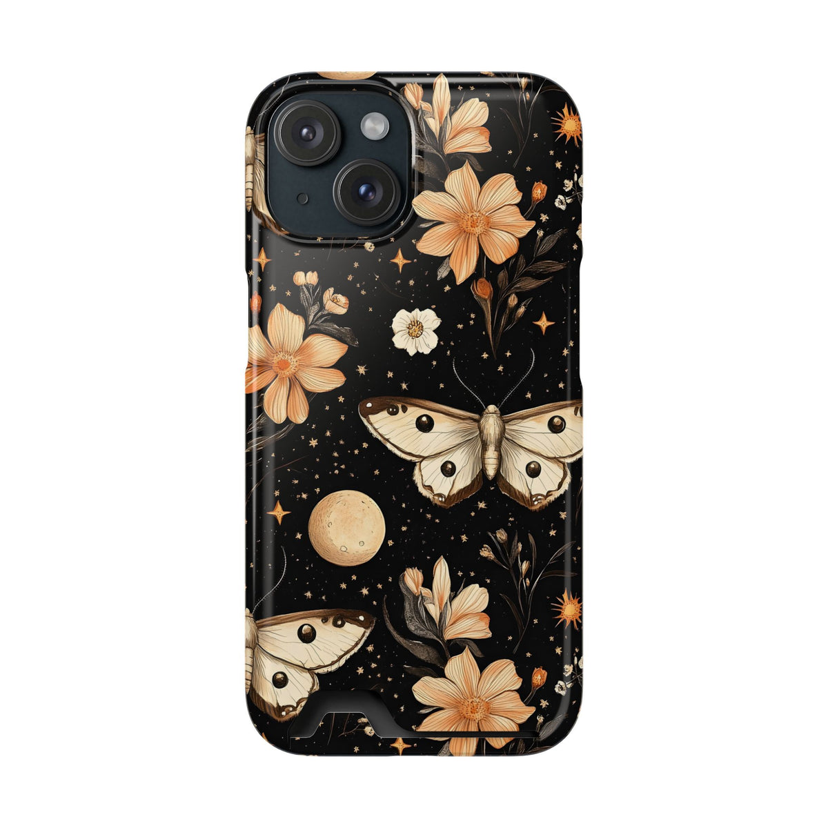 Celestial Moth phone case with card holder for iPhone 15, glossy finish
