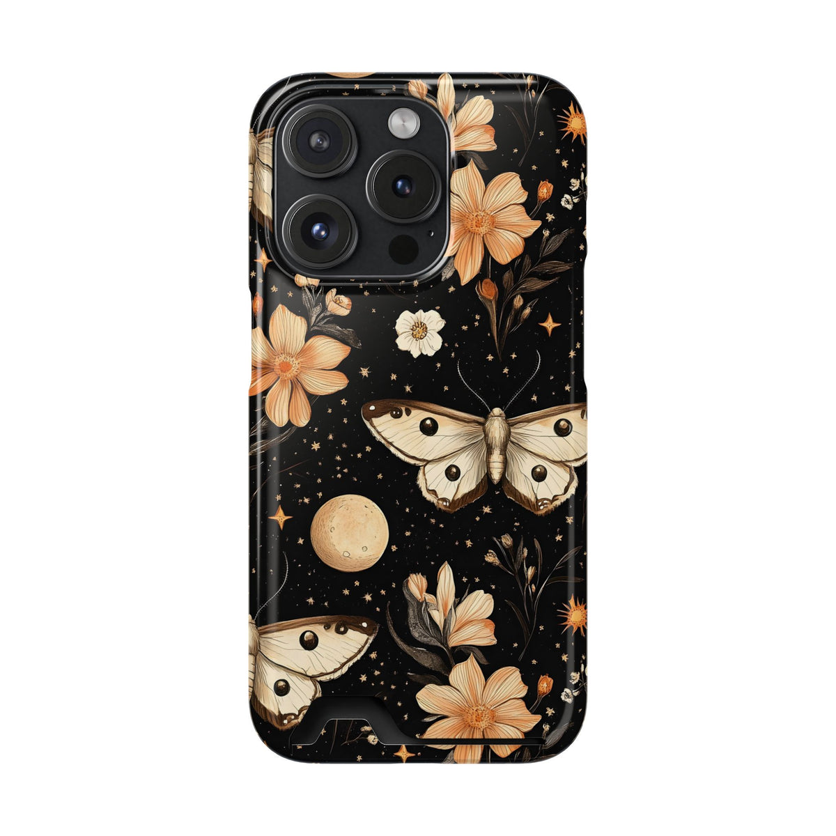 Celestial Moth phone case with card holder for iPhone 15 Pro, glossy finish