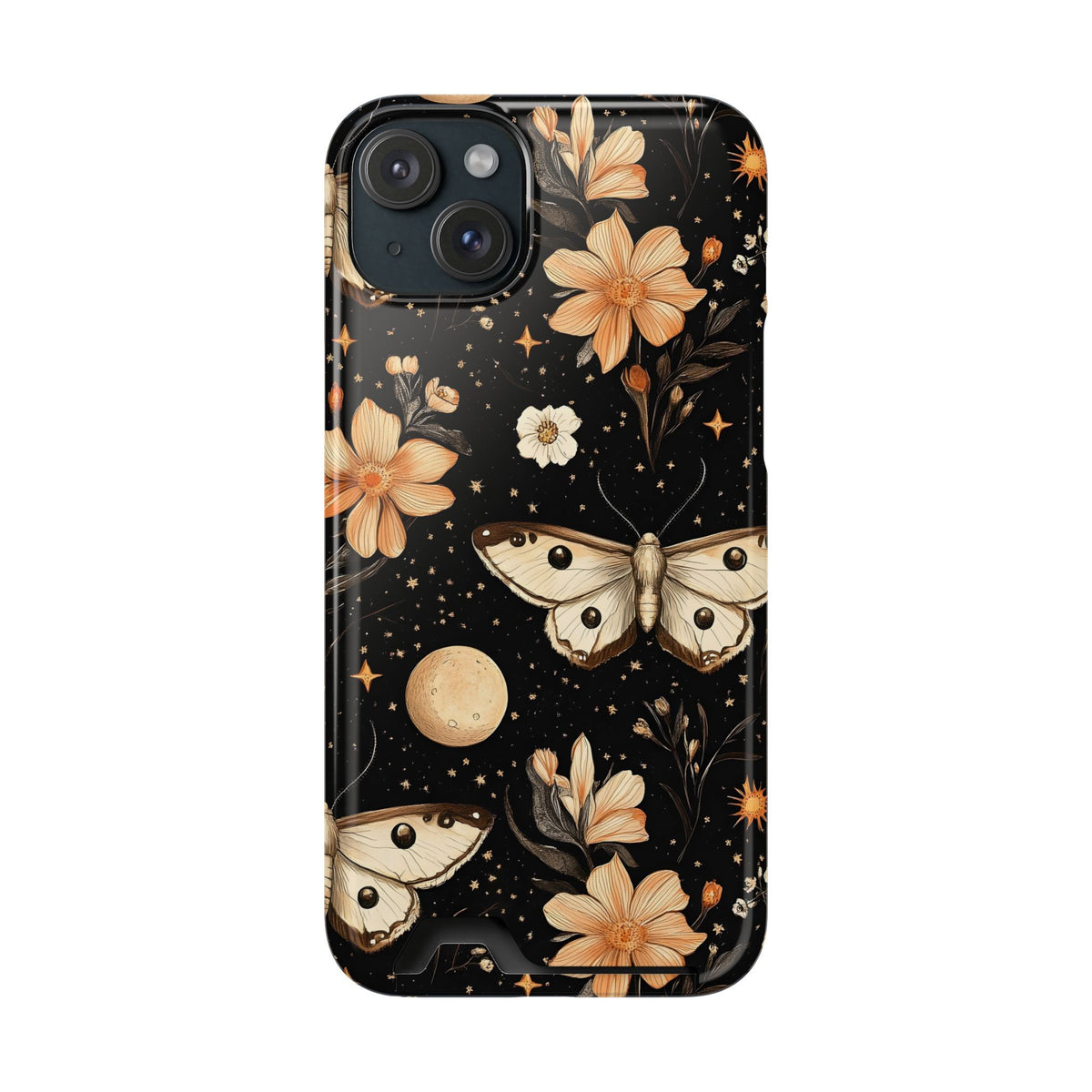 Celestial Moth phone case with card holder for iPhone 15 Plus, glossy finish