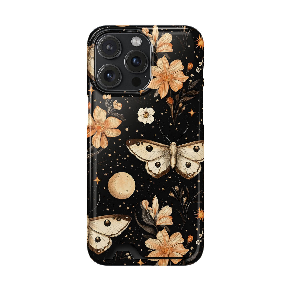 Celestial Moth phone case with card holder for iPhone 15 Pro Max, glossy finish