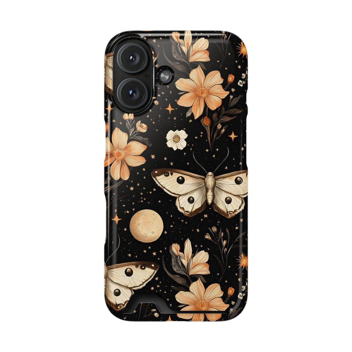 Celestial Moth phone case with card holder for iPhone 16, glossy finish