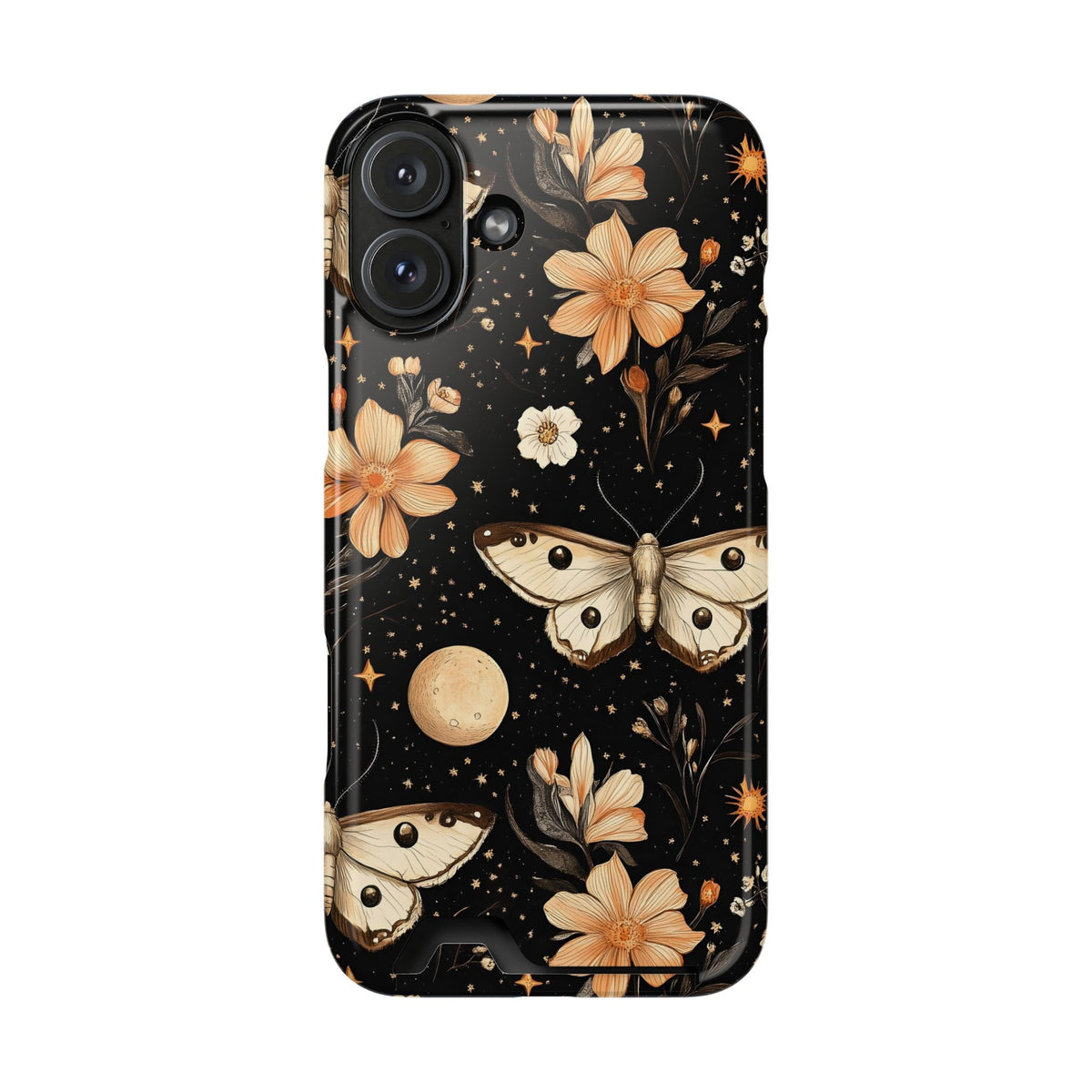 Celestial Moth phone case with card holder for iPhone 16 Plus, glossy finish