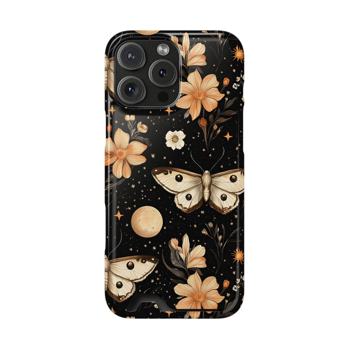 Celestial Moth phone case with card holder for iPhone 16 Pro Max, glossy finish