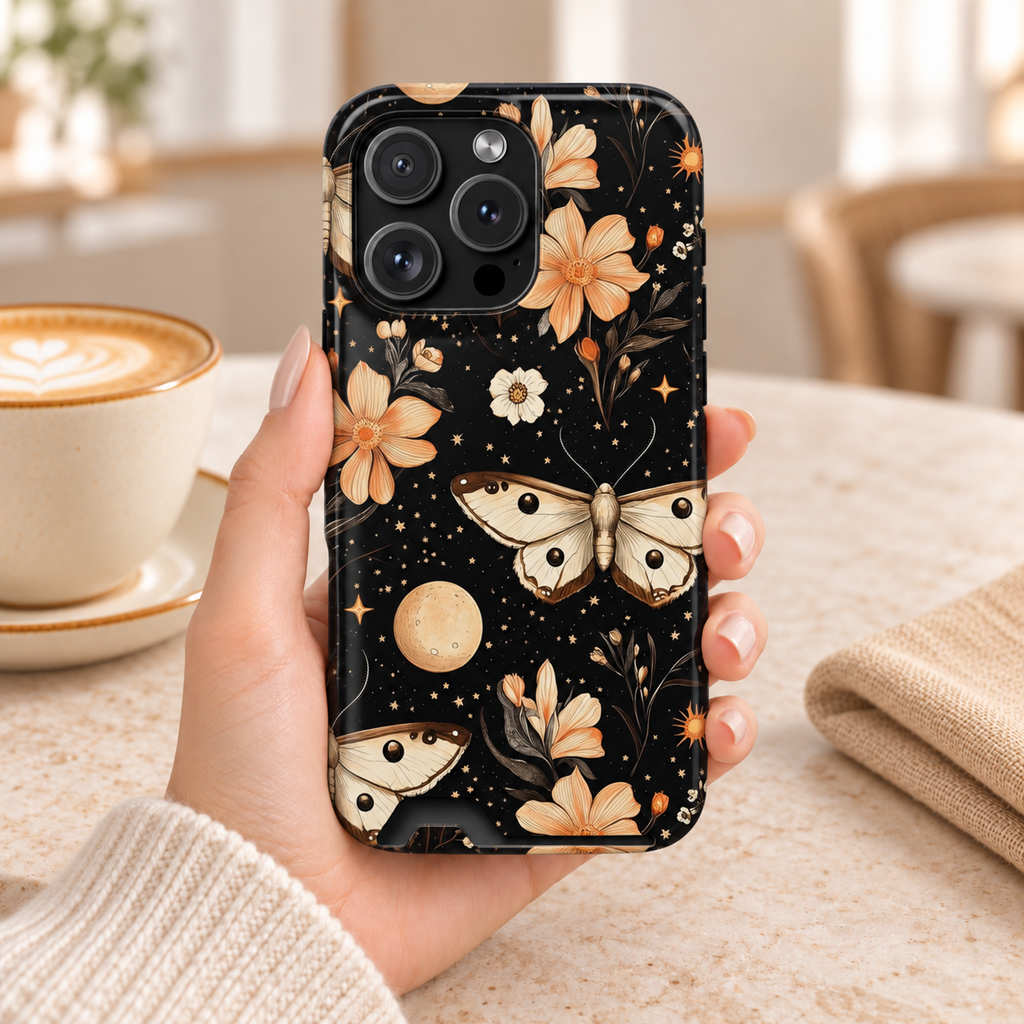 Celestial Moth phone case with card holder, moths, moons and peach flowers on black, lifestyle photo in hand with coffee