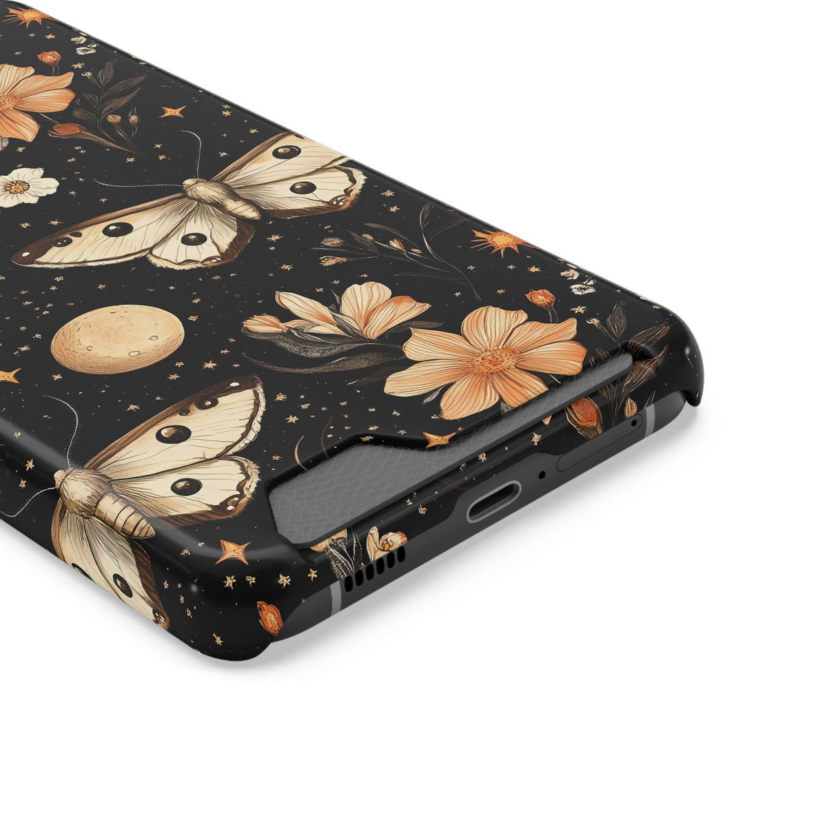 Celestial Moth phone case with card holder, close-up of the card slot