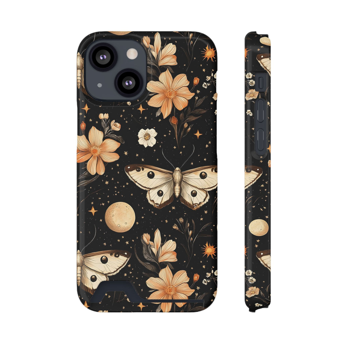 Celestial Moth phone case with card holder for iPhone 13 Mini, glossy finish