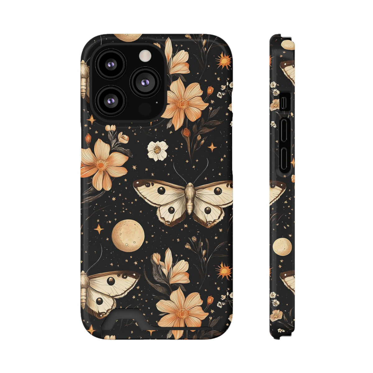 Celestial Moth phone case with card holder for iPhone 13 Pro, glossy finish