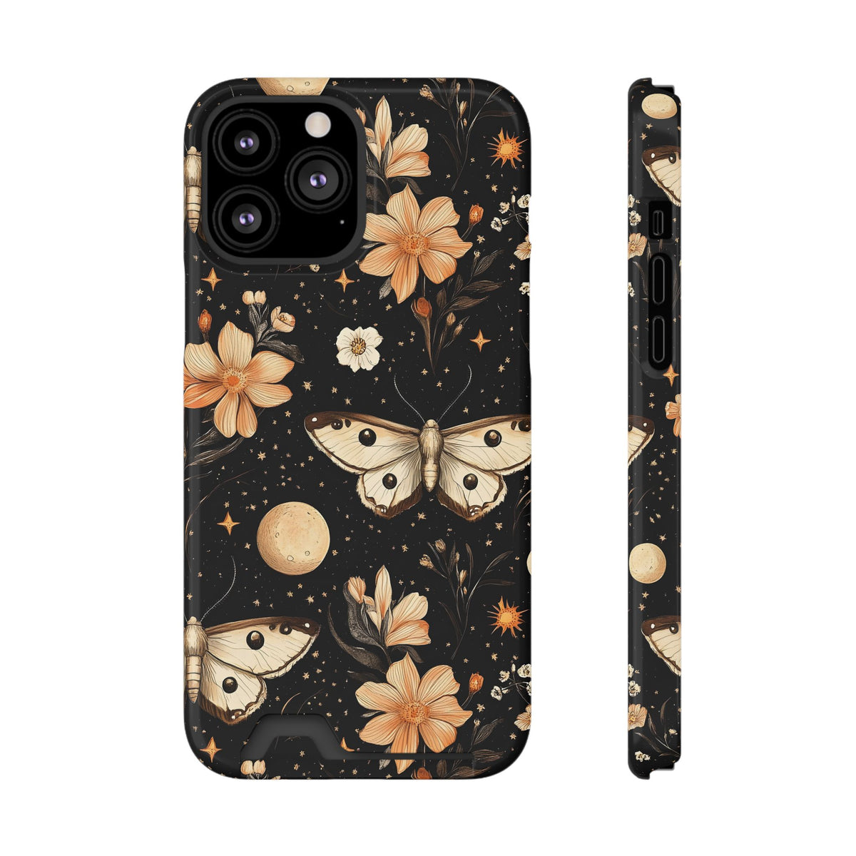 Celestial Moth phone case with card holder for iPhone 13 Pro Max, glossy finish