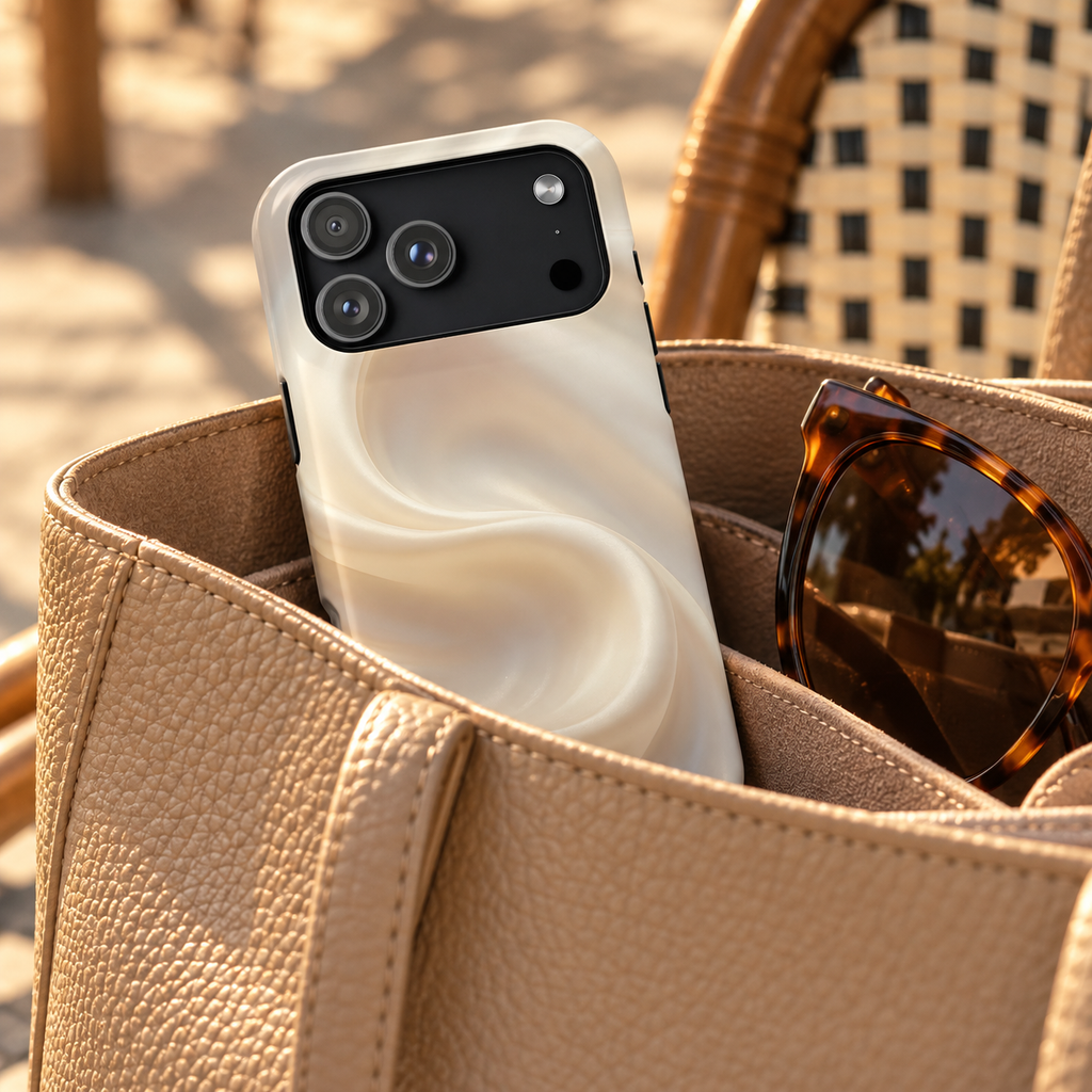 Champagne Satin protective phone case, soft champagne satin waves, lifestyle photo in a handbag