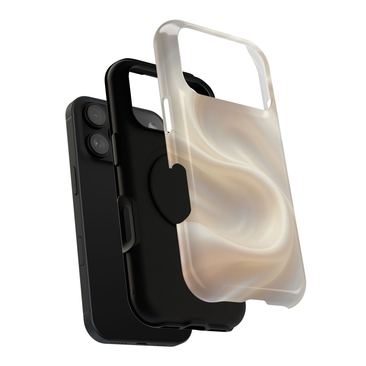 Champagne Satin protective phone case, close-up of the dual-layer construction